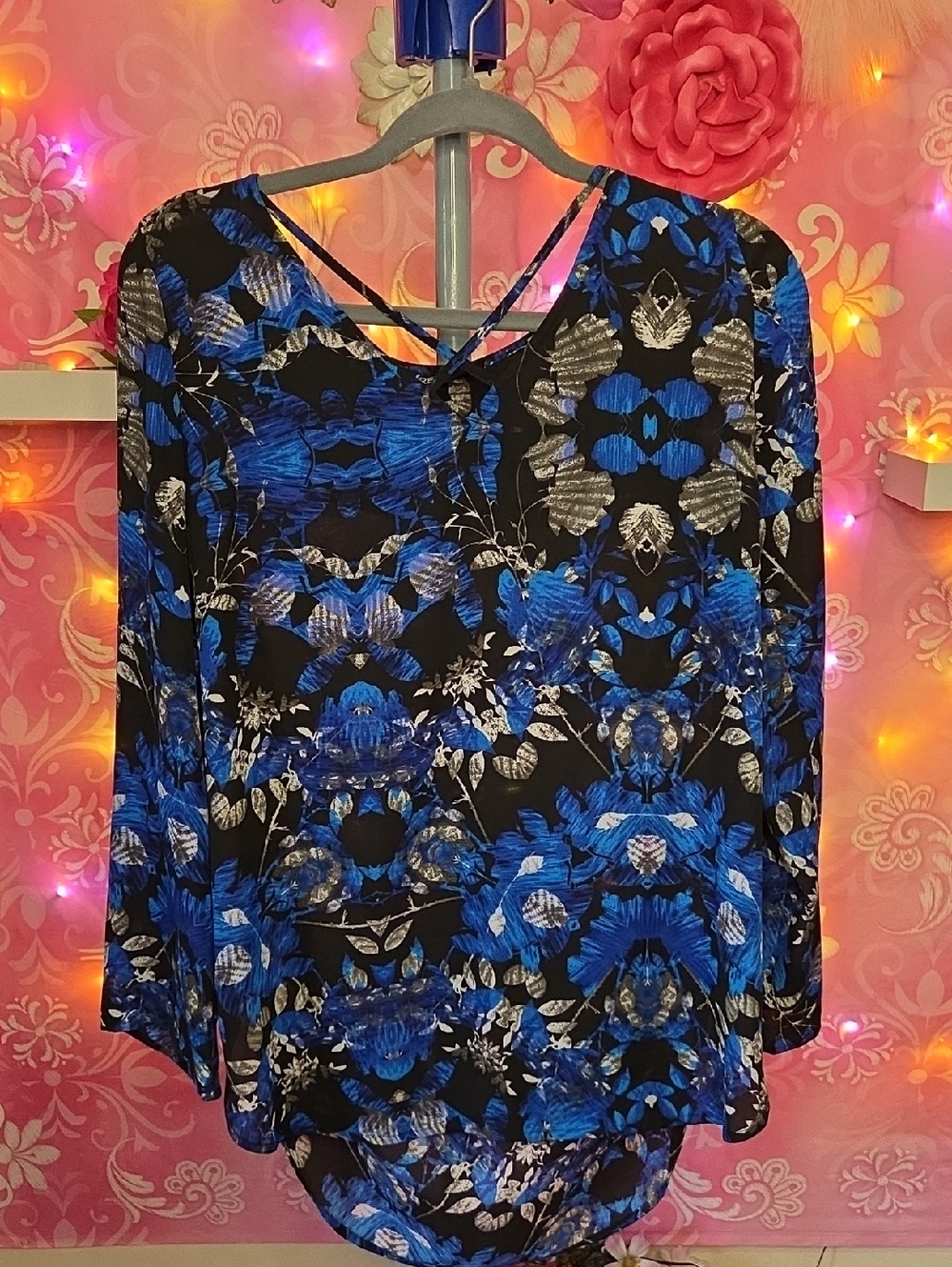 Express Black & Blue Floral Long-Sleeve Top